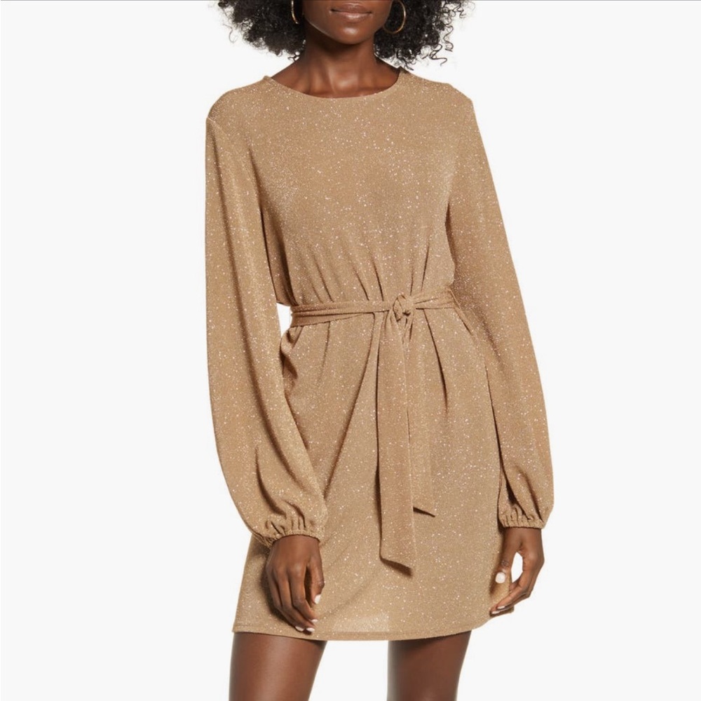 Leith Sparkle Tie Waist Long Sleeve Dress